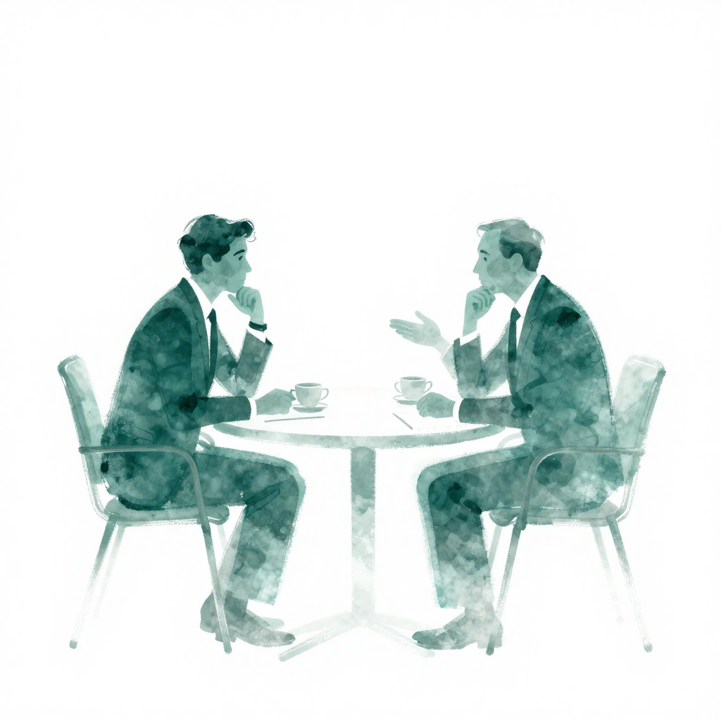 Watercolour study of two figures in conversation at a table.