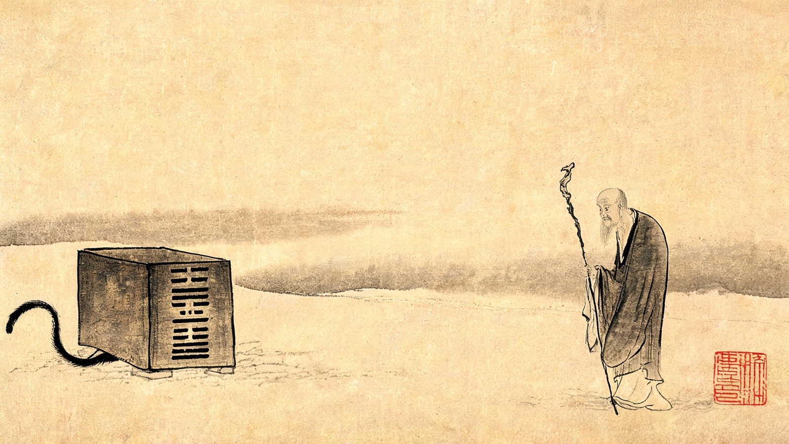 An ink-wash scroll: an old sage leaning on a staff, facing a box with a hexagram cut into its side, a cat's tail curling out from behind it.